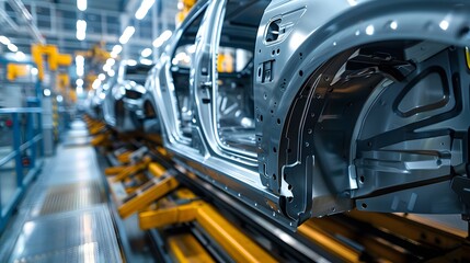 Fototapeta premium A car frame is being built on the assembly line in an automotive factory, showcasing its construction process and advanced technology used for various cars.