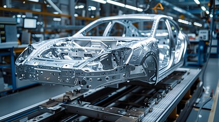 Obraz premium A car frame is being built on the assembly line in an automotive factory, showcasing its construction process and advanced technology used for various cars.