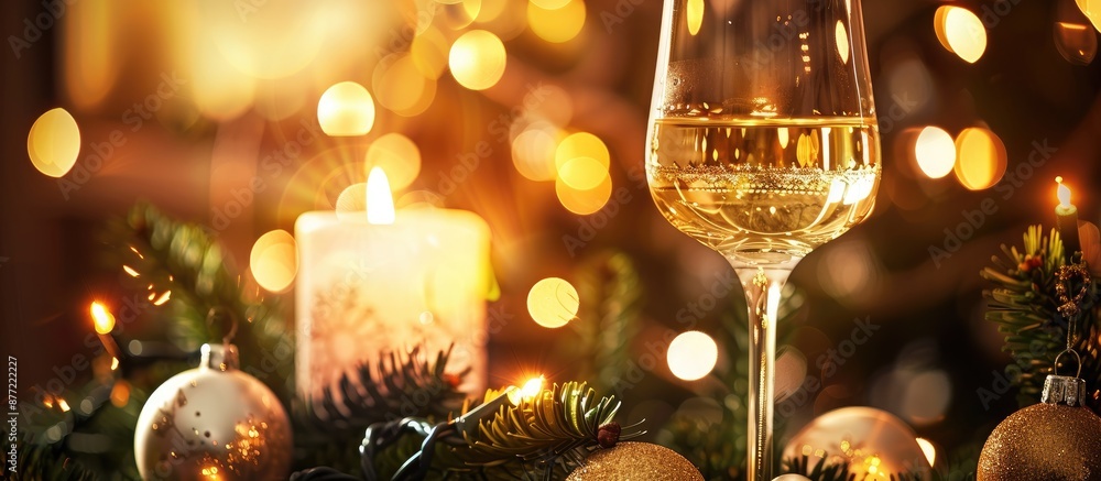 Poster A festive scene featuring a crystal wine glass with white wine a flickering candle and a Christmas tree in the background perfect for a copy space image