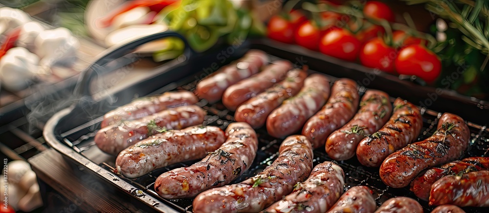 Poster close up view of raw sausages displayed on a metal tray with copy space image