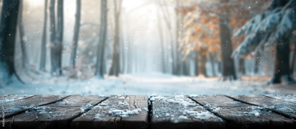 Poster blur winter forest background with empty wooden surface perfect for copy space image