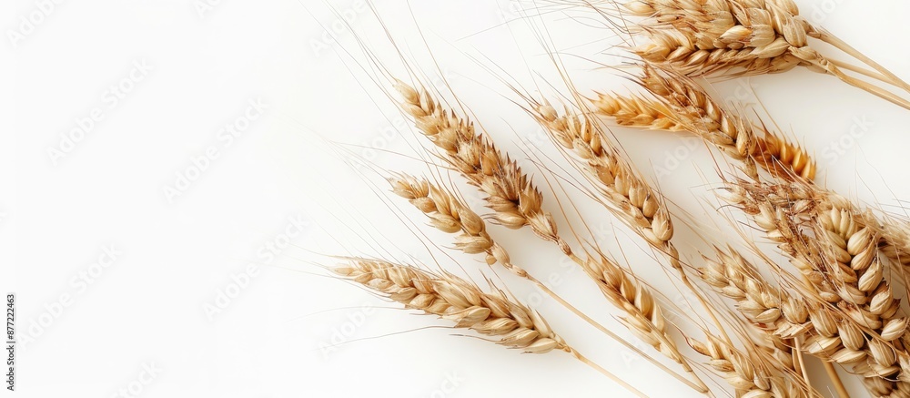 Fototapete isolated wheat spikelets on white backdrop with selective focus for food related copy space image
