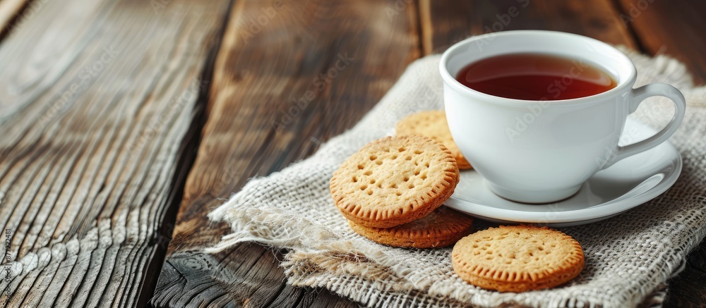 Aufkleber a cup of tea and tasty biscuits on a napkin on the table with copy space image