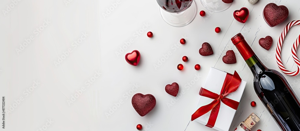 Aufkleber valentine s day table with a wine bottle and gift box arranged on a white background for a top down 