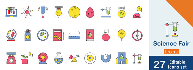 Science Fair flat icon set. containing Experiment, Laboratory, Scale, Chemical and more flat icon