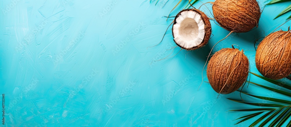 Aufkleber Coconut fruits on a bright blue background creating an abstract tropical food concept with an angled view for a copy space image