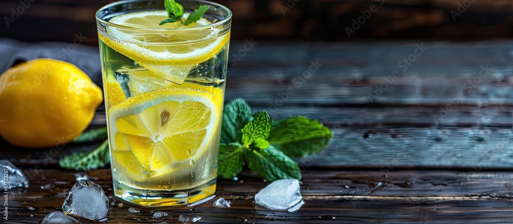 Poster selective focus on a cold refreshing glass of lemonade with a lemon slice mint and ice set on a dark