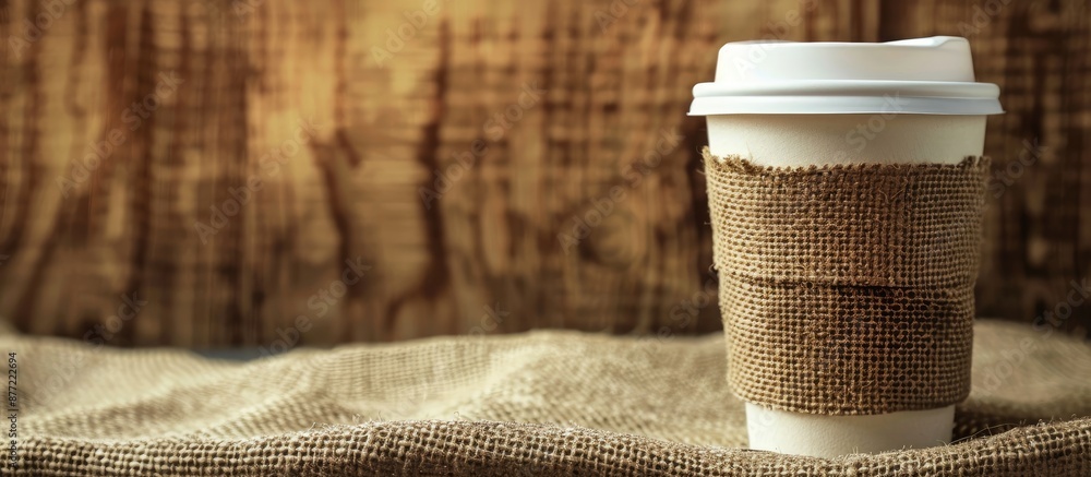 Aufkleber Coffee cup displayed on a burlap background with copy space image