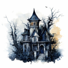 Obraz premium Spooky haunted house illustration with gothic architecture, dark trees, and eerie atmosphere. Ideal for Halloween themes and horror concepts.
