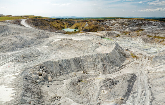 China Clay Kaolin mining at Lee Moor on S.W. edge of Dartmoor. Part of the large commercial extraction 10km NE of Plymouth, England Aerial drone