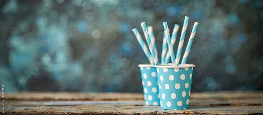 Poster blue polka dot cups with pretty straws for festive drinks displayed on a wooden table with copy spac