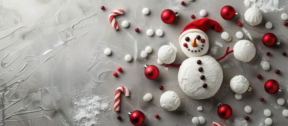 Poster seasonal red and white sweets crafted into a snowman shape on a gray background for a festive christ