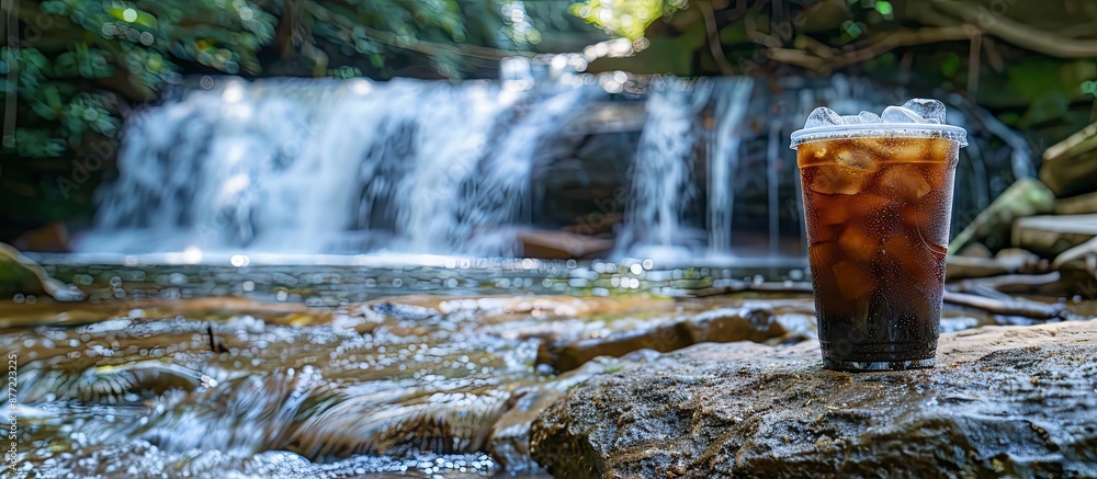 Poster iced coffee resting on a rock by a cascading waterfall with a scenic copy space image