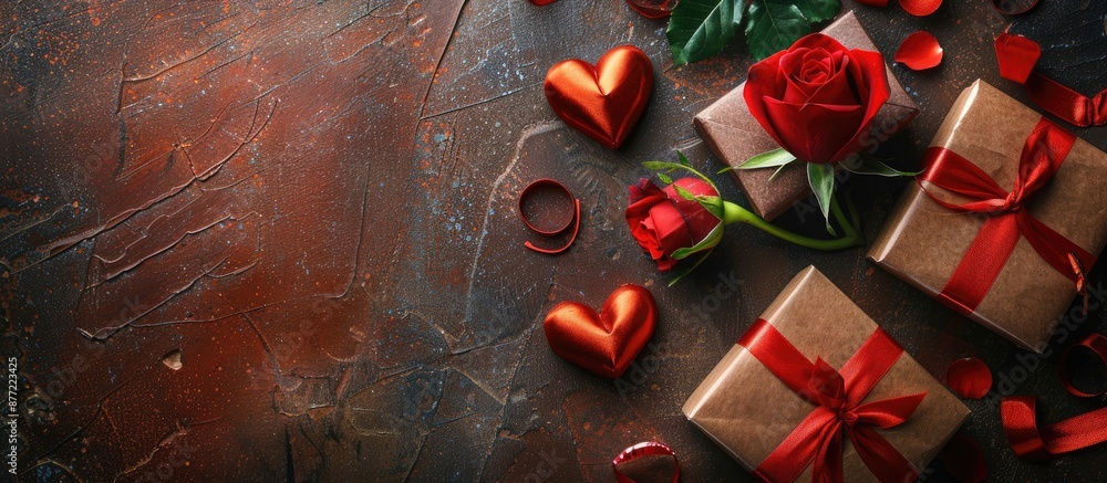 Poster top view of a valentine s day arrangement featuring a rose heart gift boxes ideal for mother s day o