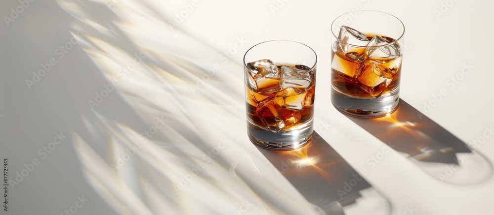 Poster whiskey with ice in glasses on a white background under strong lighting showing shadows glare from t