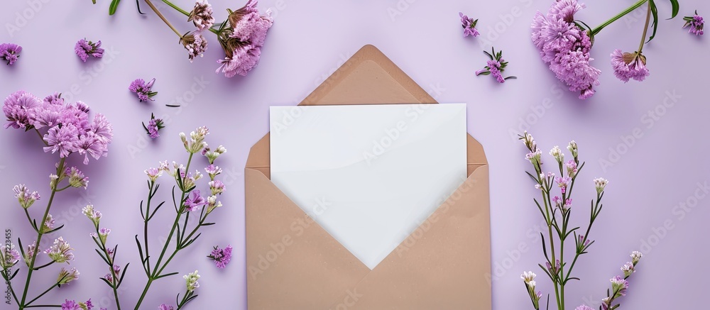 Poster Spring flowers in an envelope and white sheet on a violet background convey a message of love in this copy space image