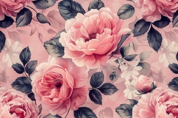 Elegant floral pattern with white and pink hibiscus flowers on a coral background.
