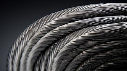 Detailed close-up of a tightly coiled steel cable, showcasing its strength and texture. Perfect for industrial, construction, or engineering themes highlighting durability and precision.