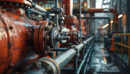 Industrial pipeline with complex machinery and rusty pipes in a factory setting, showcasing engineering and industry infrastructure.