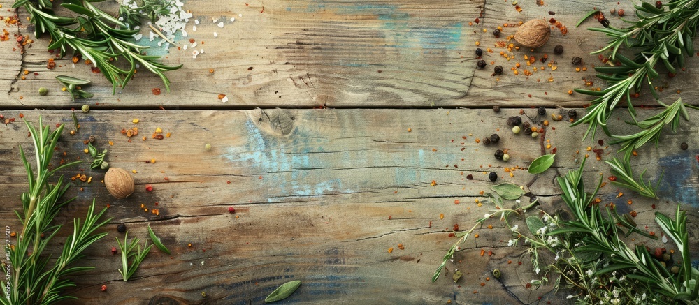 Leinwandbilder rosemary arranged on a wooden surface with various spices surrounding it creating a visually appeali