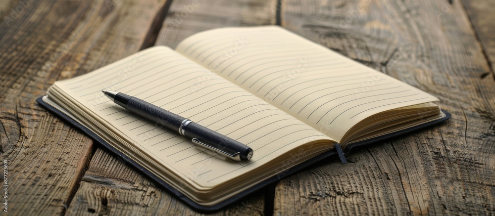 Aufkleber wooden background showcasing an open notebook with a pen providing copy space image