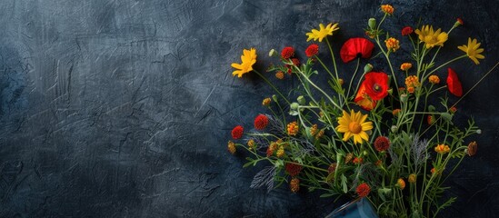 A charming bouquet of wildflowers including yellow daisies and a red poppy arranged in a rustic blue pot set against a dark gray backdrop with room for text or other elements. with copy space image © vxnaghiyev