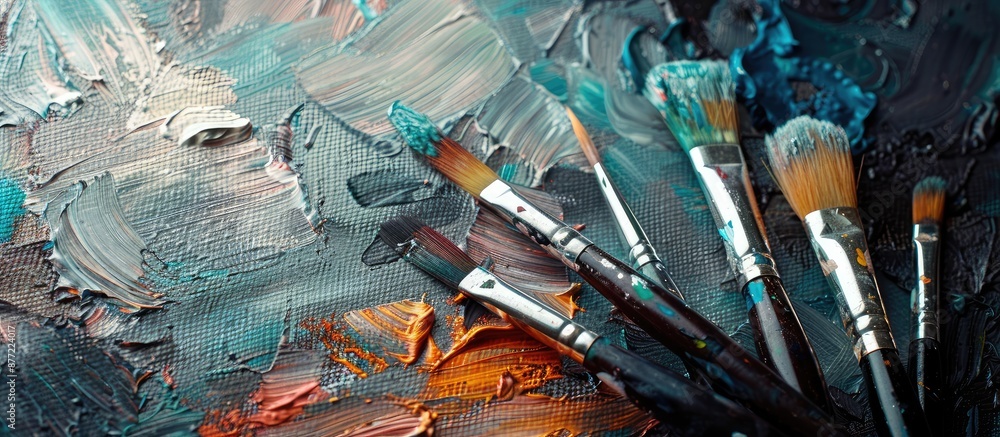Poster Close up view of various paint brushes on canvas with copy space image available