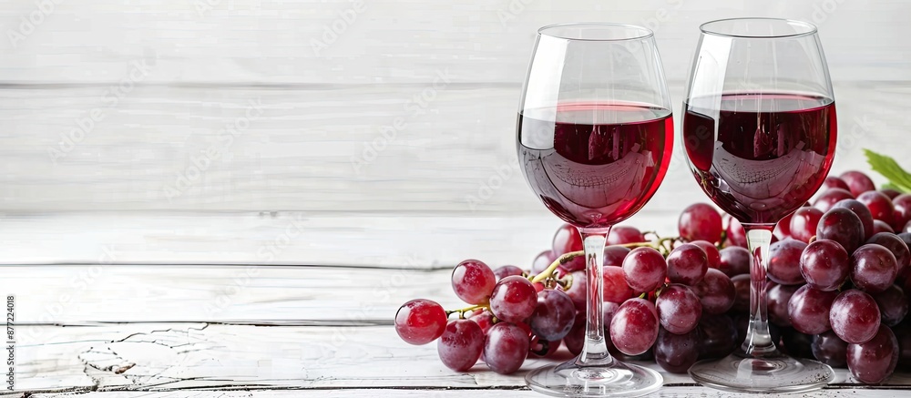 Poster red wine glasses and grapes on a white wooden table with copy space image