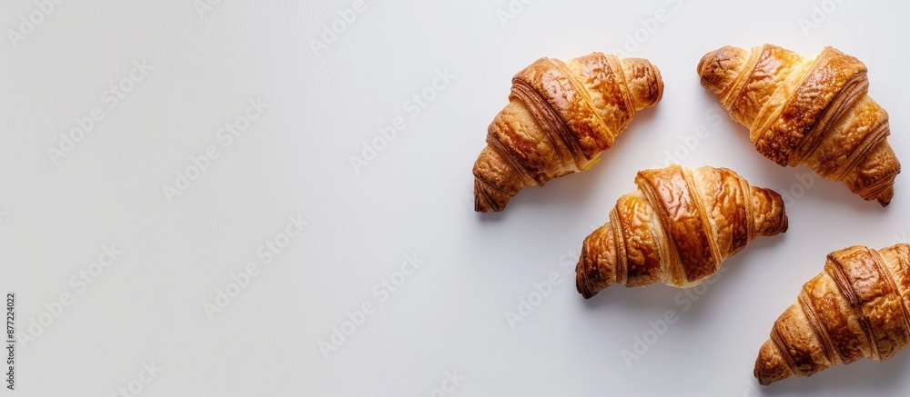 Poster A top down image of three croissants on a white backdrop is captured with ample copy space