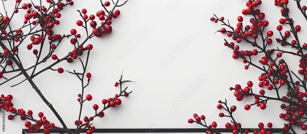 Poster festive holiday layout featuring a black frame with a red berry against a white backdrop portraying 