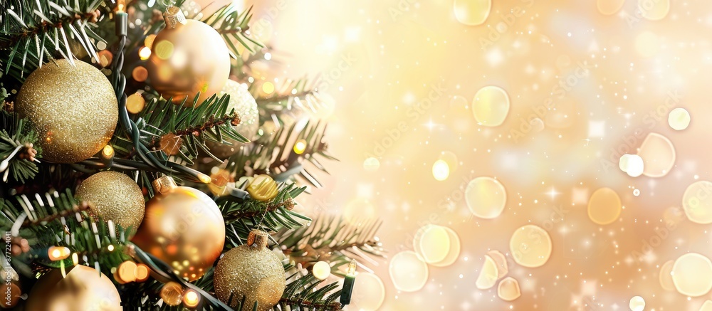 Poster Christmas tree branches are featured with shiny balls against Christmas backgrounds in a copy space image