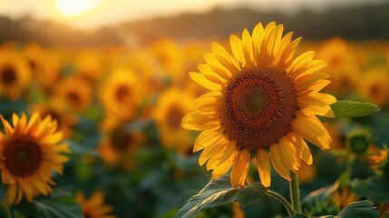 Obraz premium Sunny Meadow: A field of sunflowers facing the sun, symbolizing optimism and hope