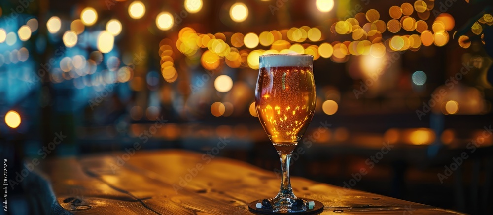 Aufkleber A glass of beer in a dimly lit cafe at night with a blurred bokeh background. with copy space image. Place for adding text or design