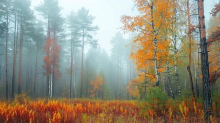 Obraz premium Misty autumn forest scene with vibrant fall foliage, tall trees, and dense fog creating a serene and tranquil natural landscape.