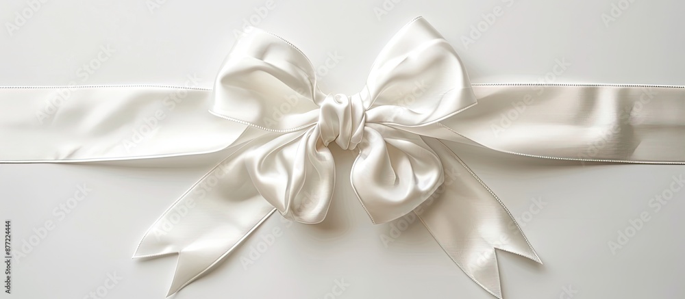 Poster white satin bow with adorning tails set on a broad cross ribbon against a white background for a cap