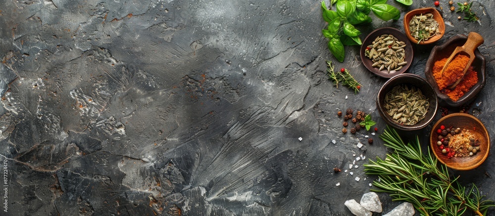 Poster top down view of herbs and spices arranged on a textured stone surface perfect for a cooking themed 