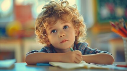 Fototapeta premium A young boy sits at a desk with a notebook and a pencil. He is looking down at his notebook, possibly writing or drawing. The scene suggests a quiet and focused atmosphere