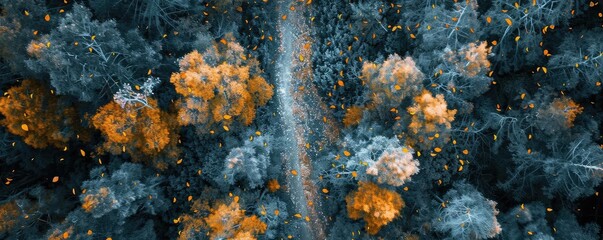 Fototapeta premium Aerial view of a forest in autumn with a winding path, vibrant foliage, and a blend of contrasting colors.