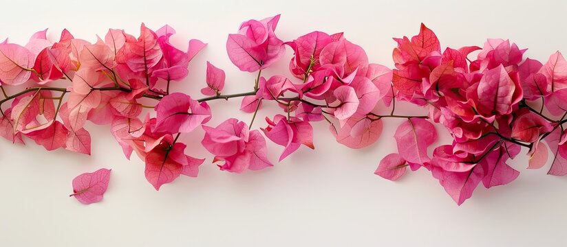 Pink bougainvillea flowers on a blank white backdrop creating a copy space image