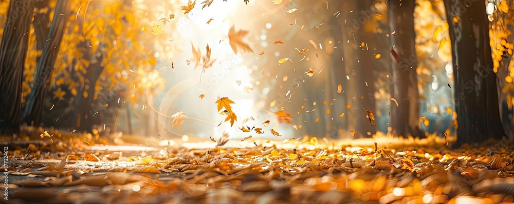 Poster sunlit autumn forest scene with golden leaves gently falling and casting a warm glow on the path, cr