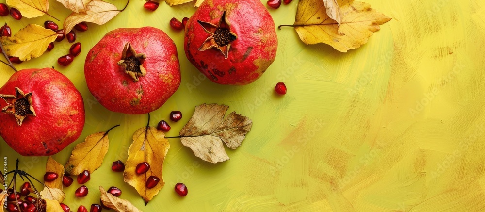 Poster autumn themed border arrangement with pomegranates dry leaves on a yellow green backdrop creative fl