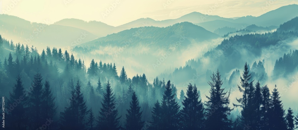 Aufkleber vintage hipster style image of misty mountain landscape with fir forest and ample copy space include