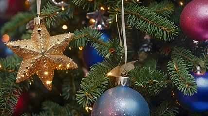 Macro photograph of a Christmas tree decorated with candy canes and glittering tinsel