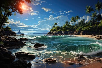 Fototapeta premium A painting of a beach with palm trees and the sky in the background., generative IA