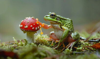 Naklejka premium Beautiful mushroom scene in the hands of a frog
