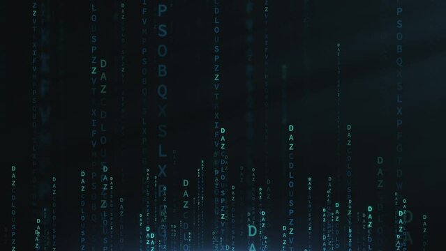 Binary code matrix style on dark background with glowing light data.