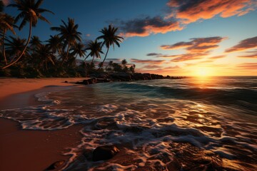 A colorful illustration of a beach with palm trees and a sunset., generative IA