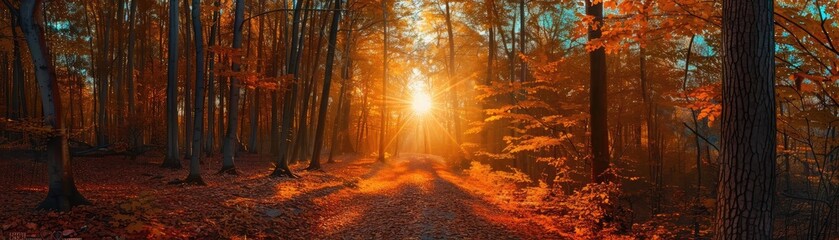 Obraz premium Stunning autumn forest pathway illuminated by warm, golden sunlight through the trees, creating a serene, picturesque atmosphere perfect for nature lovers.