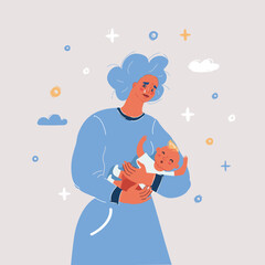 Cartoon vector illustration of postpartum depression tired woman with baby on her hand.