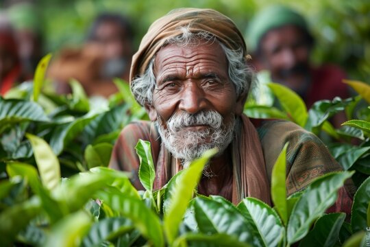 Elderly India man wearing a turban is harvesting tea leaves in a vibrant field - Powered by Adobe